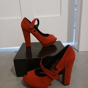 Colin Stuart Red Suede Mary Jane Platform Heels